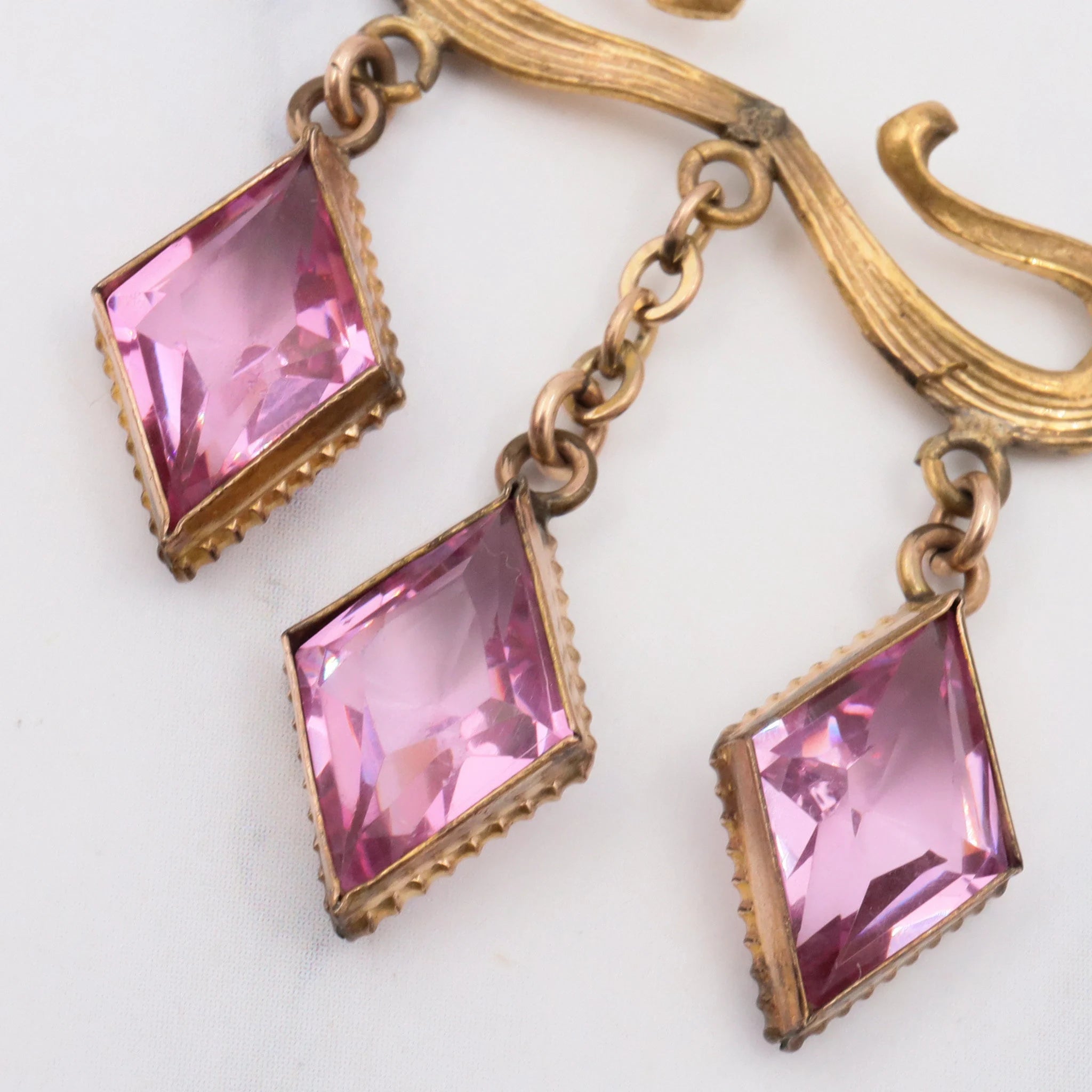 Antique Victorian gold filled pink tourmaline glass festoon necklace, 15.5"